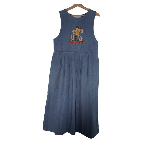 Karen Scott Vintage Denim Dress Scarecrow Embroidered Fall Harvest 100% Cotton S - Picture 3 of 7
